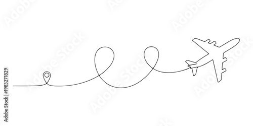 Symbolic travel journey vector illustration with airplane and destination icon.