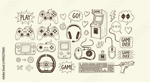 Hand-drawn gaming elements collection with controllers console arcade and accessories in sketch.