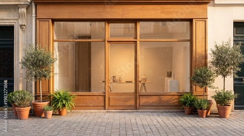 Modern storefront with large glass windows, minimalist ceramic vases and bowls on wooden tables, framed by potted plants on cobblestone pavement. Clean natural design.