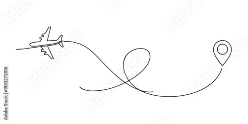 Symbolic travel journey vector illustration with airplane and destination icon.