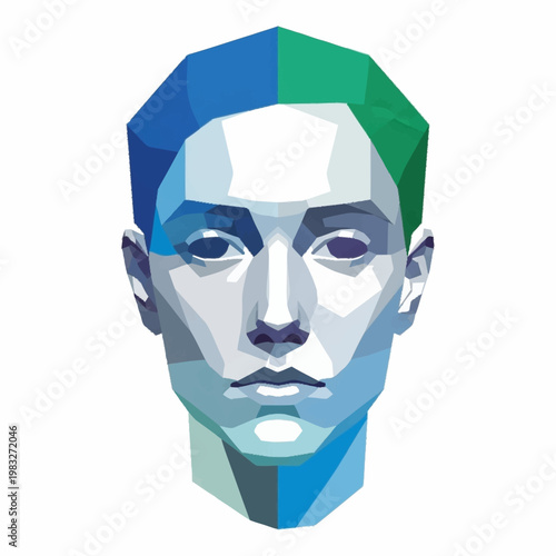 Geometric Low Poly Human Head Sculpture with Blue and Green Tones.
