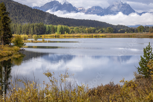 Reflections in the Snake River at Oxbow Bend, and the Moran Mountains, Wyoming, USA