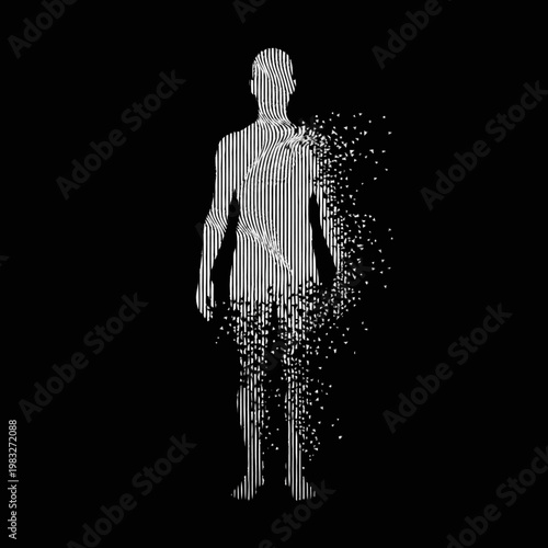 Human figure dissolving into particles abstract concept.