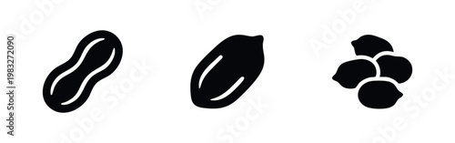 Three black icons of peanuts and a pile of peanuts on a white background