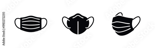Three black icons of face masks: surgical mask, respirator mask, and cloth mask