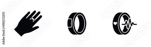 Three black icons: hand wearing ring, fitness tracker bracelet, and fitness tracker with heart rate