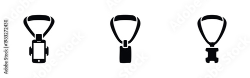 Three black icons of lanyards: one with phone, one with tag, and one with buckle