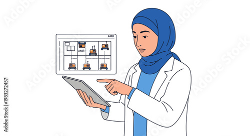 Muslim woman in hijab and lab coat using tablet with robotic schematics on screen, science and technology concept