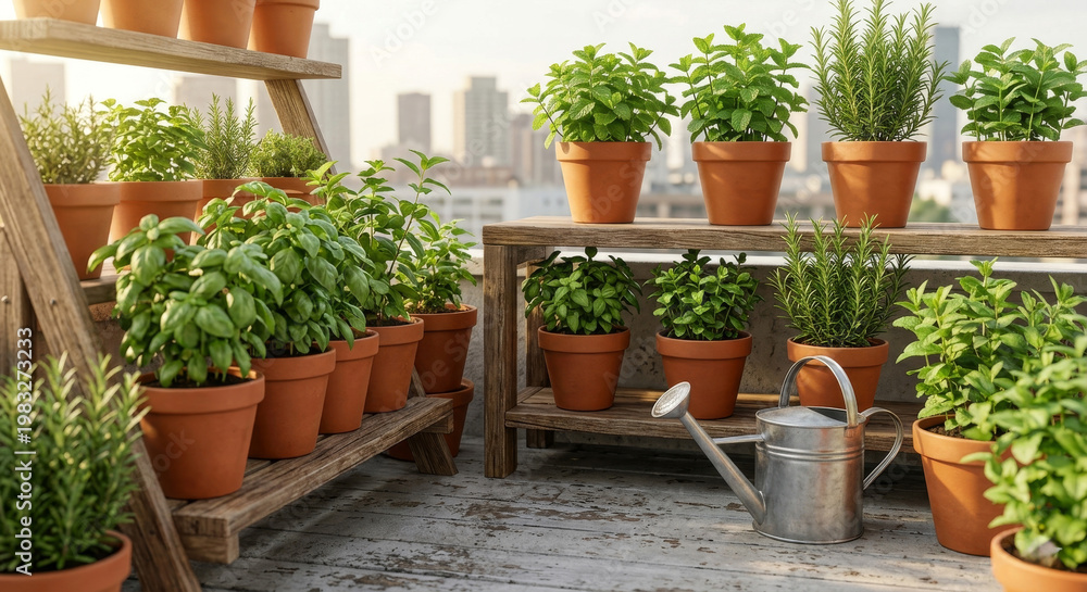 Fototapeta premium AI-generated rooftop herb garden with potted plants and watering