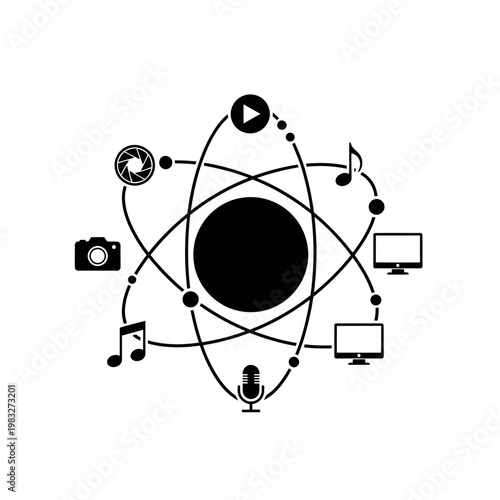 Media Icons Orbiting Central Hub Illustration for Interactive Digital Space