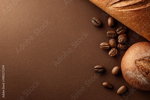 Freshly baked bread and coffee beans on a textured brown background, perfect for food themes