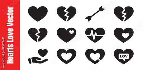 Black heart icons collection for valentines day love symbols set of diverse shapes isolated on transparency bg.