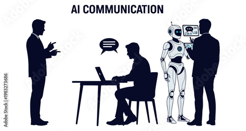 Business professionals interacting with a robot during an AI communication session