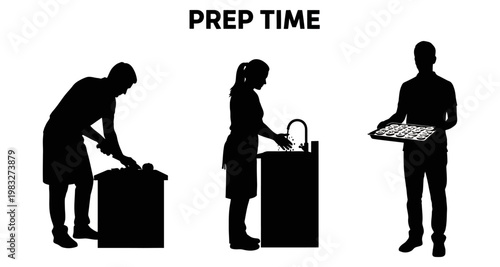 Culinary preparation sequence in silhouette with kitchen tasks
