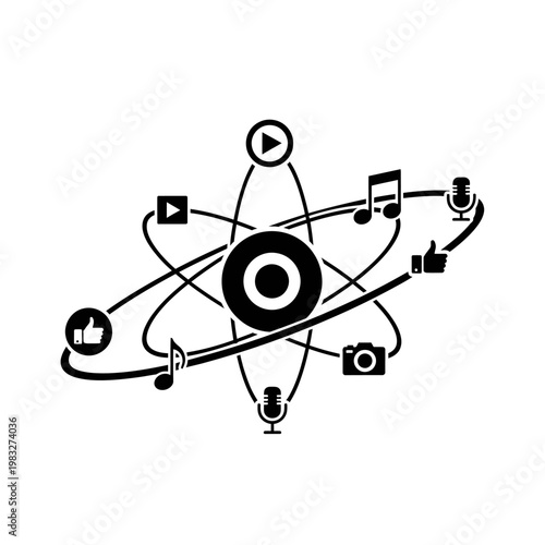 Media Icons Orbiting Central Hub Illustration for Interactive Digital Space