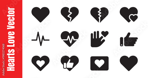 Hearts love vector elements including heartbeat monitoring thumb up icons and broken heart symbols for web.