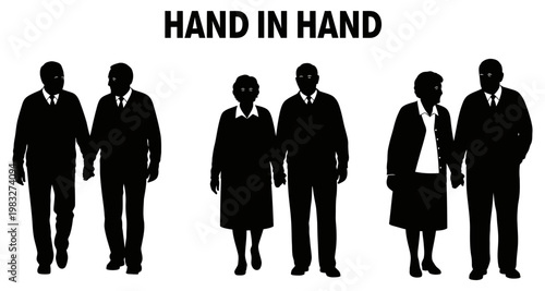 Diverse couples holding hands in silhouette against a white background symbolizing unity and partnership