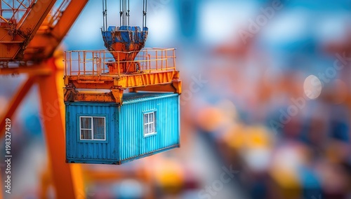 Industrial crane lifts blue cargo container at busy port, blurred background