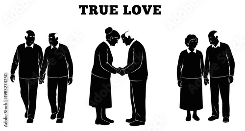 Elderly couples holding hands in silhouette representing enduring relationships and companionship
