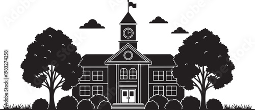 School building silhouette with clock tower and trees. Vector illustration of education facility or university campus isolated on white.
