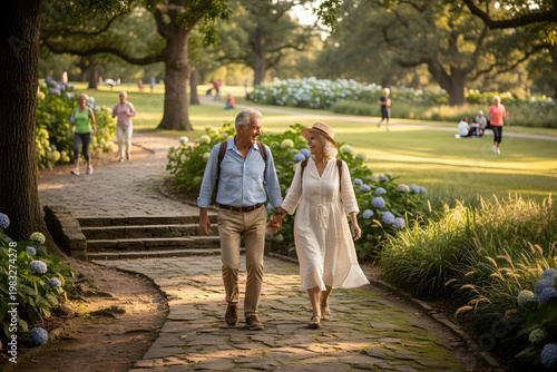 Elderly couple walking together in a park