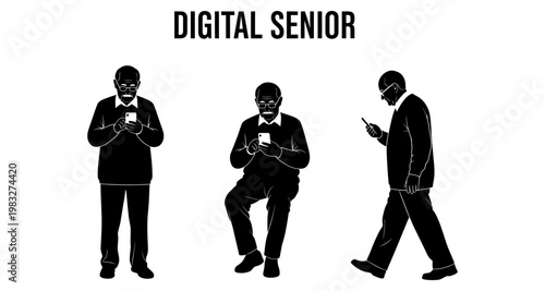 Elderly man using mobile phone in three different poses with digital senior text overlay