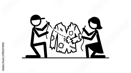 People Repairing a Torn Shirt Together