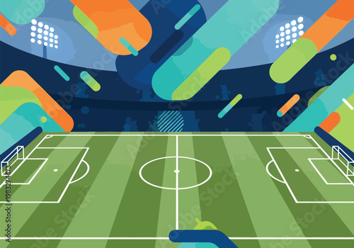 A vibrant and abstract illustration of a soccer stadium with colorful geometric shapes and bright lights.