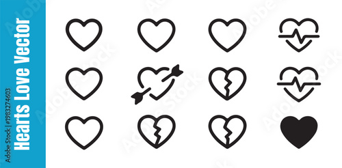 Linear heart icons set for romance and medical cardiology isolated on dark transparent checkered background.