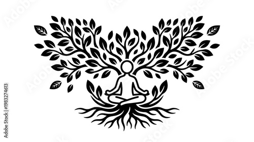 Meditating Human Figure Connected to Tree of Life