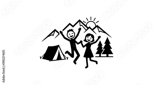 Happy Campers Jumping for Joy in Mountain Scene