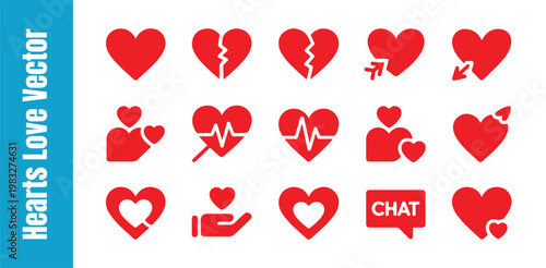 Red heart icons collection symbolizing love and relationships in diverse graphic representations.