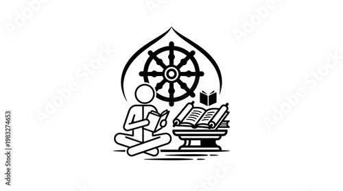 Buddhist Monk Reading Dharma Wheel and Scripture Books
