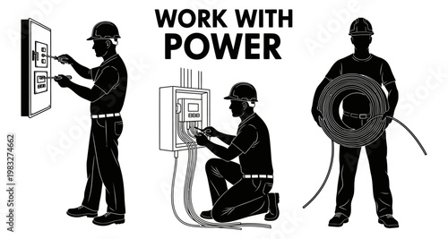 Electrician silhouettes working with electrical panel and cable during construction
