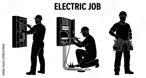 Electrician working on electrical panel with tools and safety helmet during job