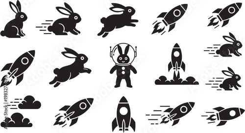 Set of rabbit and rocket silhouettes. Vector icons of fast running bunnies, space rockets, and a rabbit astronaut isolated on white.
