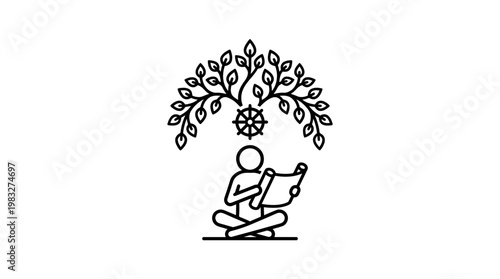 Meditating Figure Under A Bodhi Tree with Dharma Wheel