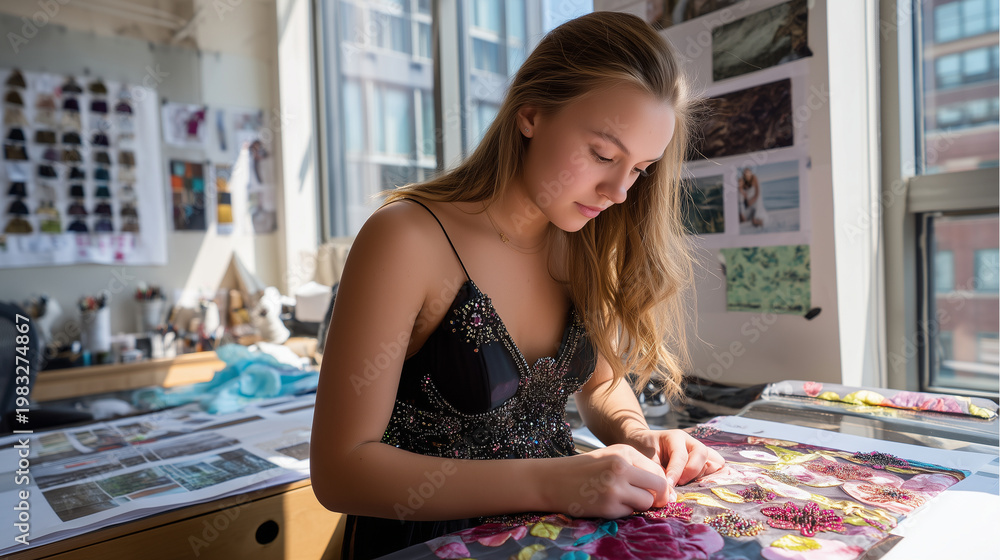 Fototapeta premium Fashion design student hand-stitching delicate beadwork onto silk evening gown panel in sunlit studio workspace surrounded by fabric swatches and sketching materials, perfect for e