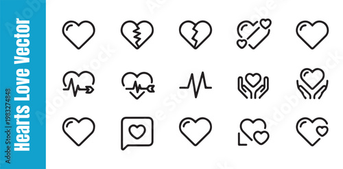 Set of black heart line icons representing love romance health and emotional connection for various design uses.