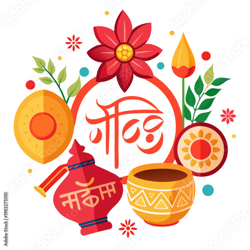 Pohela Boishakh celebration items including hand fan (pankha), red-white bangles, and rustic earthenware, neatly arranged with subtle shadows on white background, minimal aesthetic, high detail studio