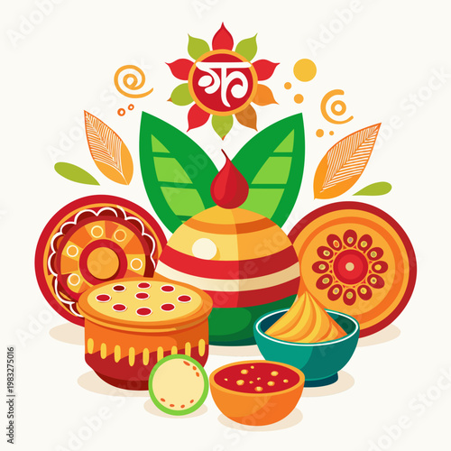 Pohela Boishakh celebration items including hand fan (pankha), red-white bangles, and rustic earthenware, neatly arranged with subtle shadows on white background, minimal aesthetic, high detail studio