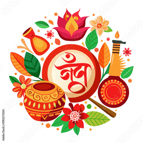 Pohela Boishakh celebration items including hand fan (pankha), red-white bangles, and rustic earthenware, neatly arranged with subtle shadows on white background, minimal aesthetic, high detail studio
