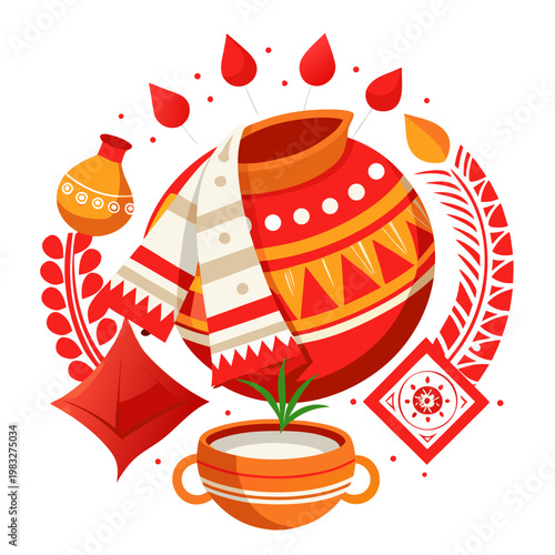 Pohela Boishakh celebration items including hand fan (pankha), red-white bangles, and rustic earthenware, neatly arranged with subtle shadows on white background, minimal aesthetic, high detail studio
