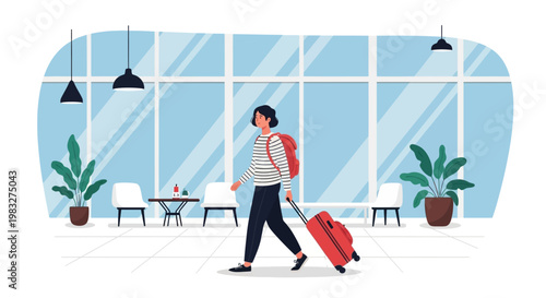 Woman with suitcase walking in airport terminal