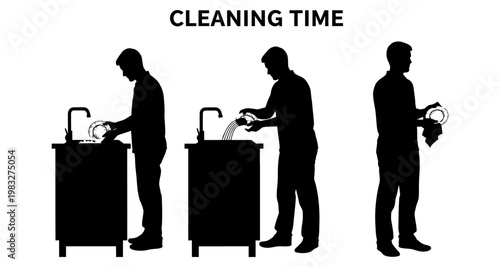 Man washing dishes in sink sequence during cleaning time for household chores