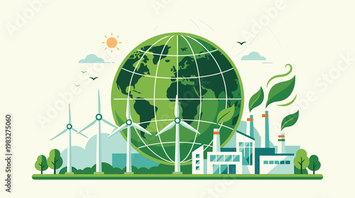 Green Earth with Renewable Energy Sources Like Wind Turbines and Solar Power