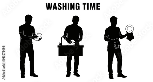 Man washing dishes in sink with running water and drying with towel