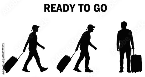 Man with rolling luggage in silhouette ready for travel