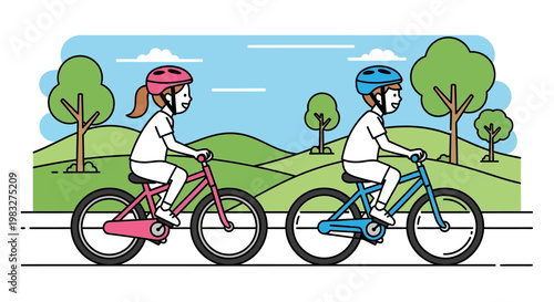 Children happily cycling together on a sunny day in the park.