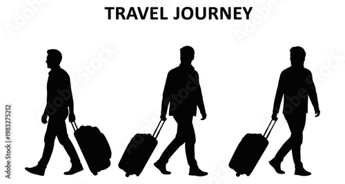 Man's silhouette with rolling suitcase during a journey against a white background